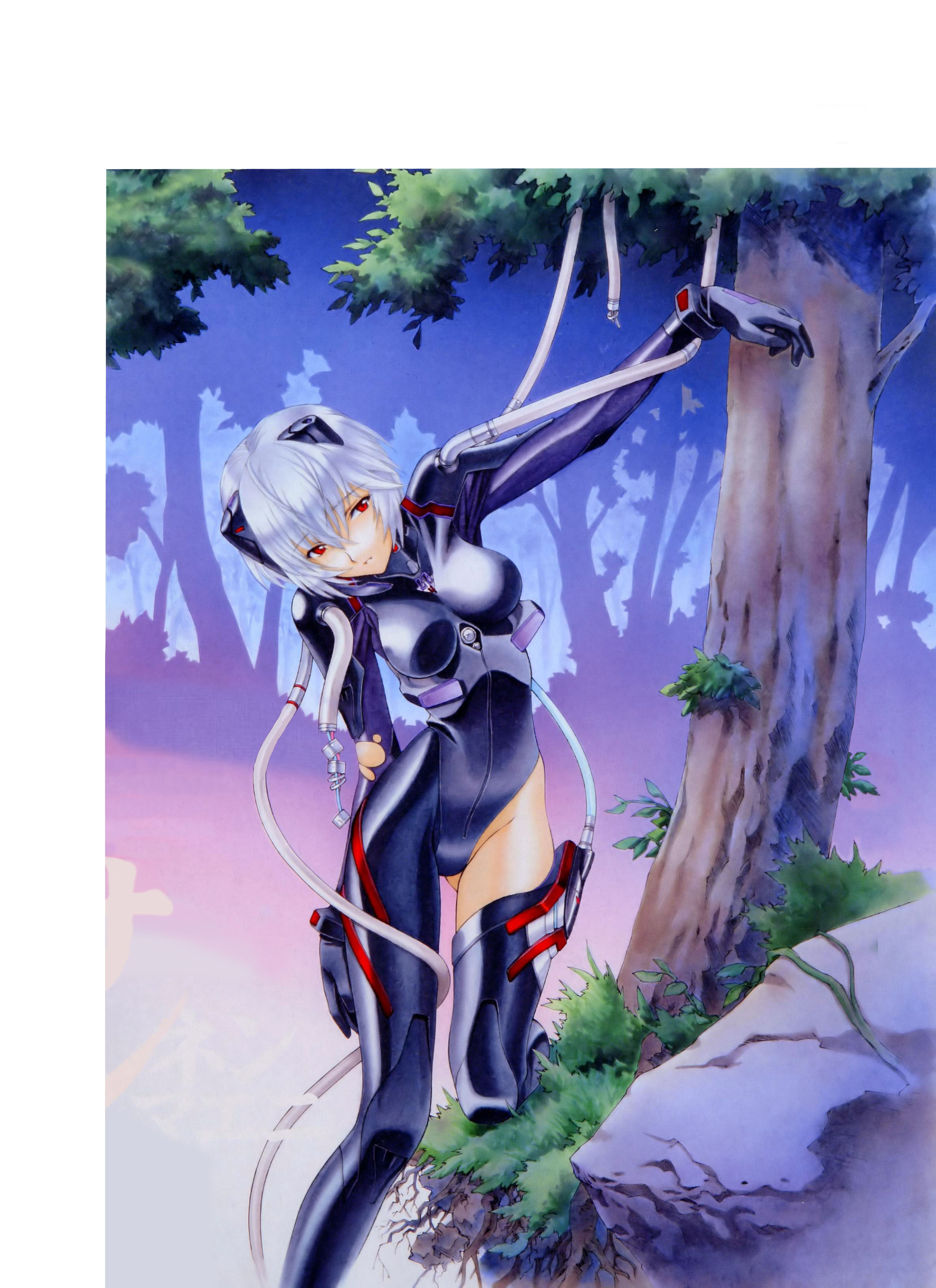 ramiya ryou, utatane hiroyuki, yamashita ikuto (artist), ayanami rei, rei quatre, neon genesis evangelion, neon genesis evangelion anima, absurdres, highres, blue hair, mecha pilot suit, plugsuit (evangelion), red eyes, short hair, solo, torn clothes, tree