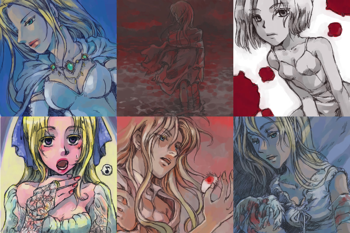 kanda, celes chere, final fantasy, final fantasy vi, bad id, bad pixiv id, 1990s (style), 1girl, bandages, blonde hair, blood, breasts, cleavage, green eyes, large breasts, medium breasts, music, nail polish, singing