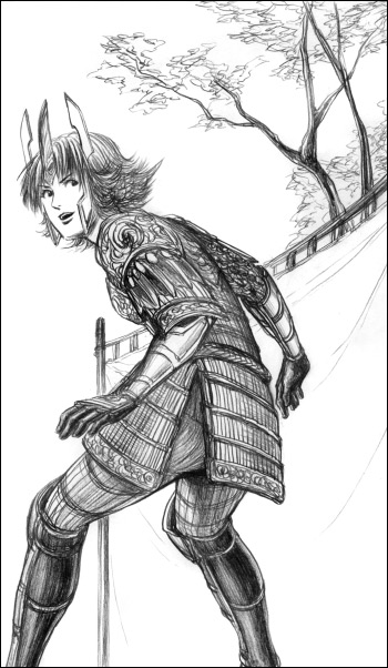 tachibana ginchiyo, sengoku musou, sengoku musou 2, 1girl, androgynous, armor, boots, female focus, from behind, greyscale, helm, helmet, japanese armor, japanese clothes, looking back, monochrome, short hair, solo, tree