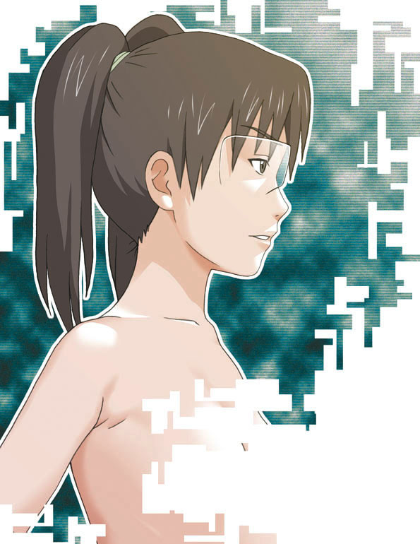 ranmaru, amasawa yuuko, dennou coil, 00s, bare shoulders, brown eyes, brown hair, censored, glasses, glitch, glitch censor, nude, solo, twintails
