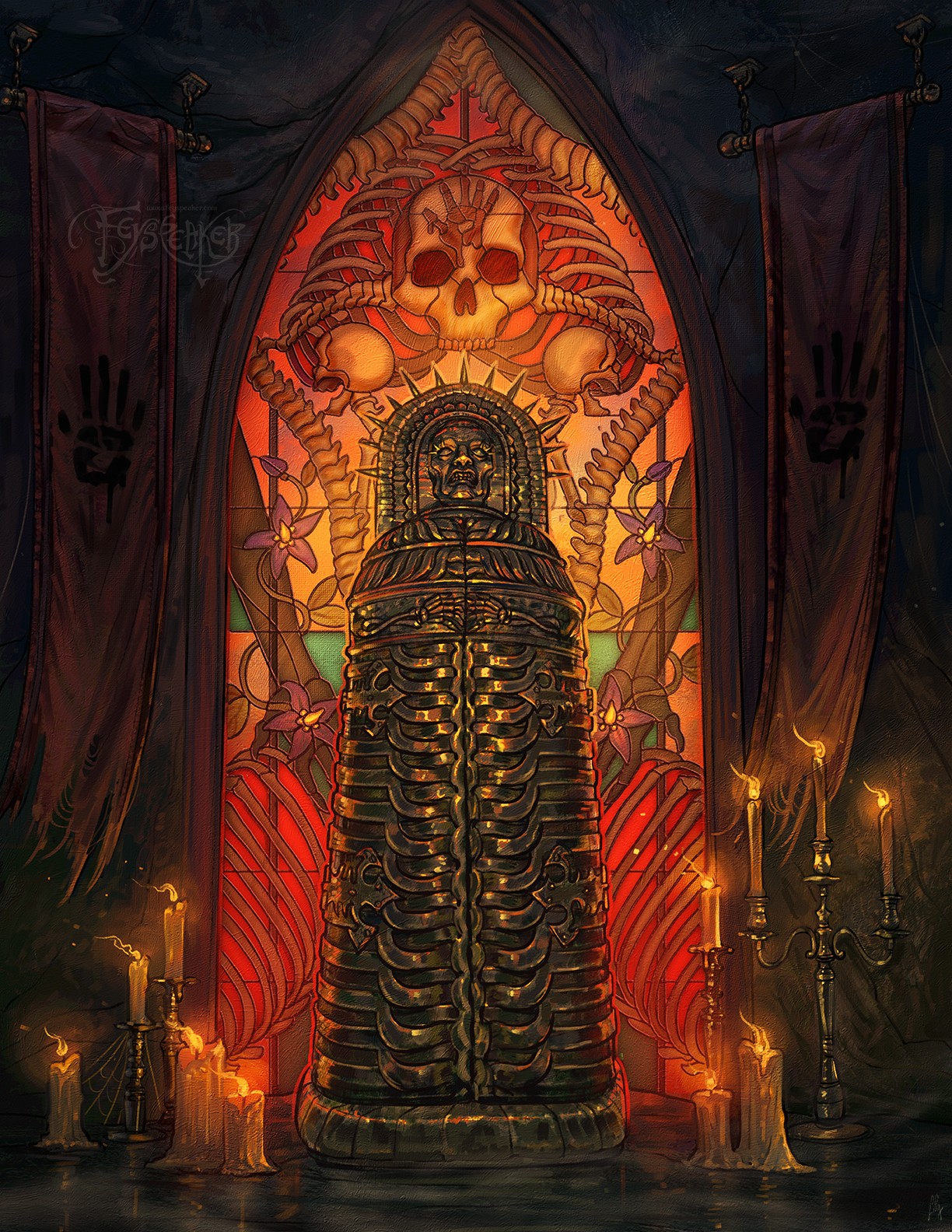 feyspeaker, the elder scrolls, the elder scrolls v: skyrim, highres, artist name, candle, fire, indoors, iron maiden, no humans, solo, stained glass, watermark