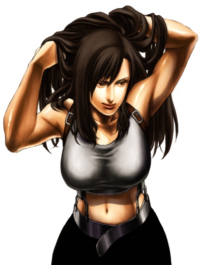 tifa lockhart, final fantasy, final fantasy vii, 1990s (style), 1girl, armpits, bare shoulders, breasts, brown hair, collarbone, female focus, hands in pockets, leaning forward, long hair, looking to the side, midriff, navel, retro artstyle, shirt, simple background, sleeveless, sleeveless shirt, solo, stomach, suspenders, very long hair, white background
