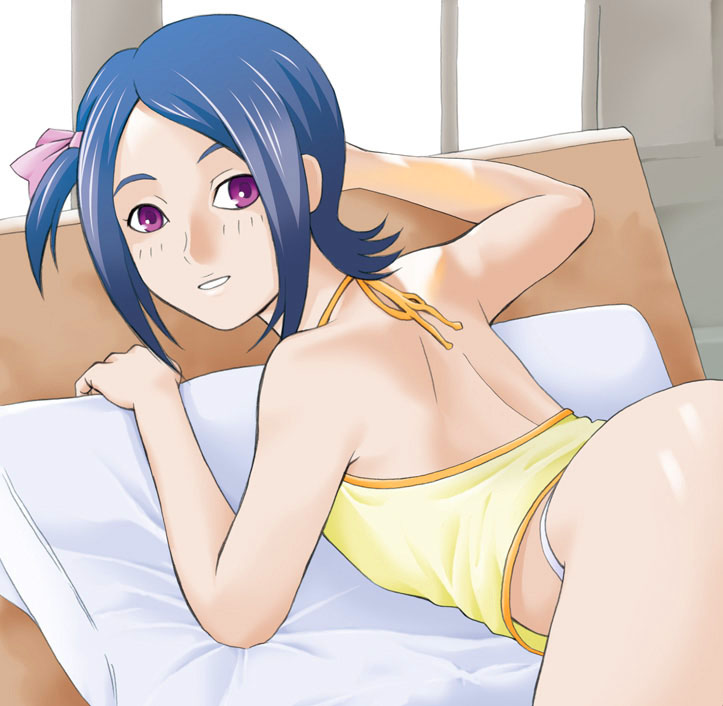 ranmaru, kaminogi haruka, noein, bad id, bad pixiv id, 00s, back, bare shoulders, blue hair, halterneck, looking back, panties, purple eyes, short hair, solo, underwear
