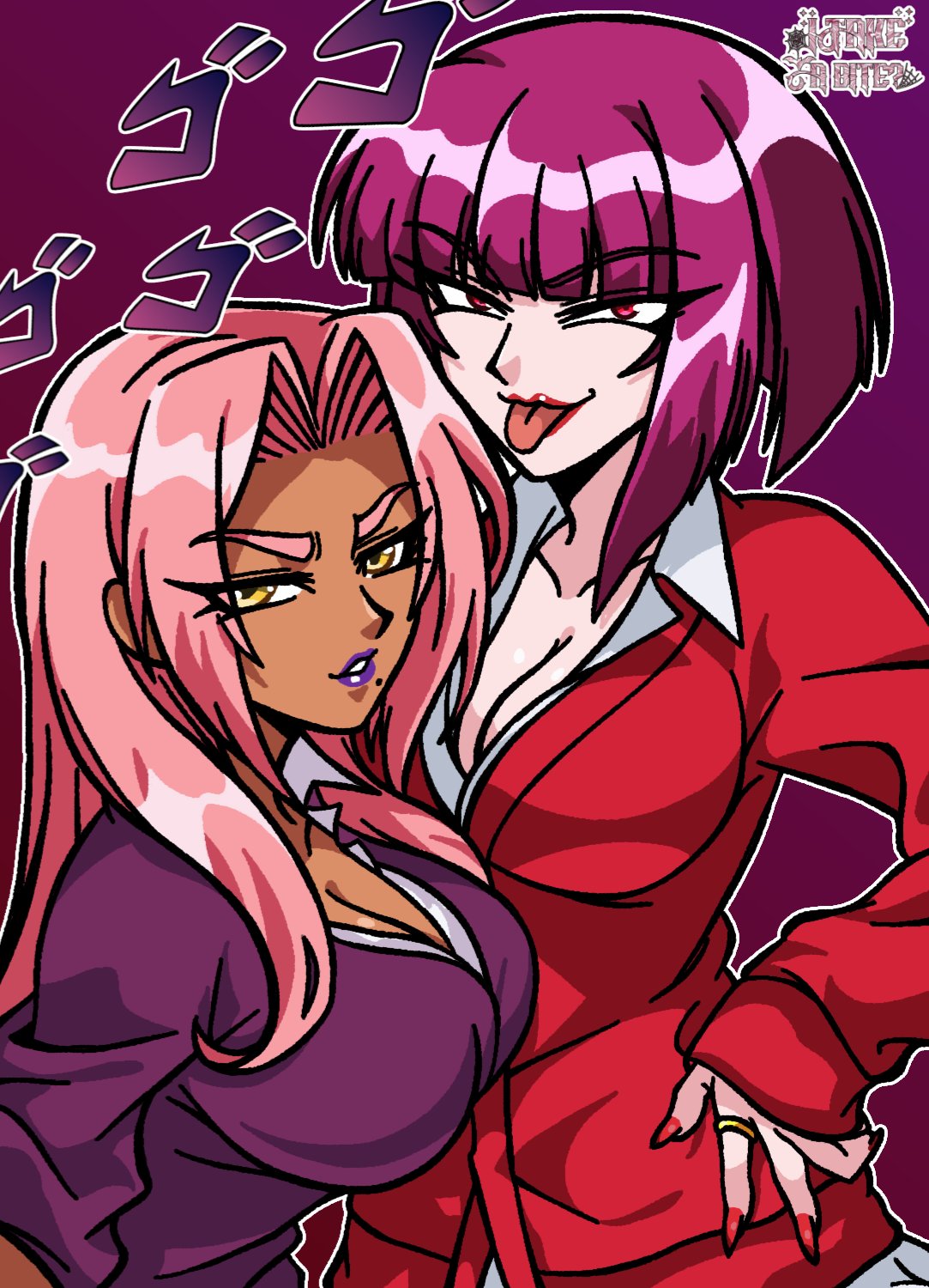 itakeabite, ingrid (taimanin asagi), oboro (taimanin asagi), taimanin (series), highres, angled bob, bob cut, breasts, cleavage, large breasts, long hair, menacing (jojo), pink hair, purple hair, purple lips, red eyes, teacher, teacher outfit, tongue, tongue out, yellow eyes