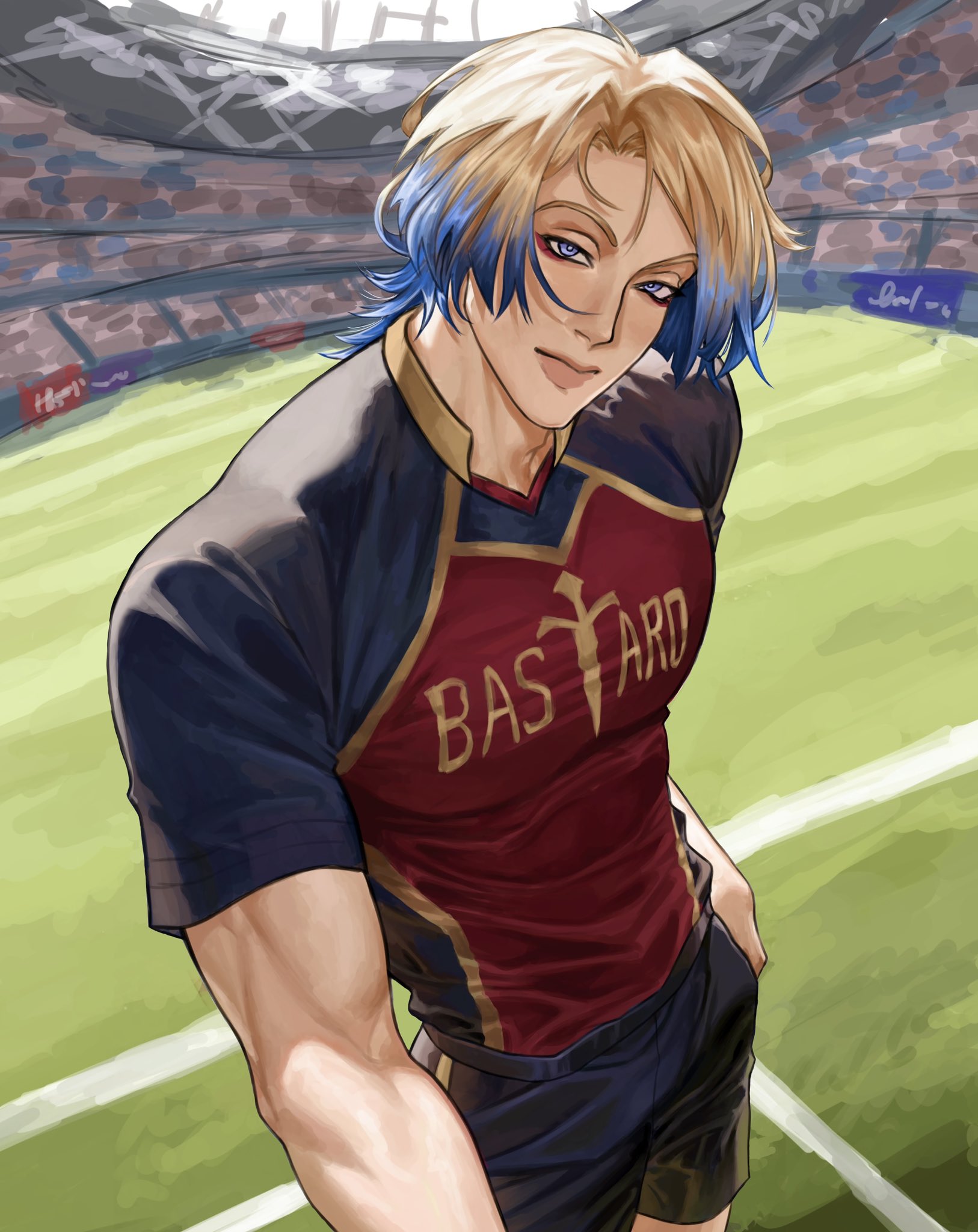 michael kaiser, blue lock, commentary, english commentary, highres, 1boy, blonde hair, blue eyes, blue hair, closed mouth, covered pectorals, cowboy shot, crowd, gradient hair, keiraamii, lips, looking at viewer, male focus, multicolored hair, pectorals, shirt, shirt tucked in, soccer uniform, solo, sportswear, stadium, two-tone hair