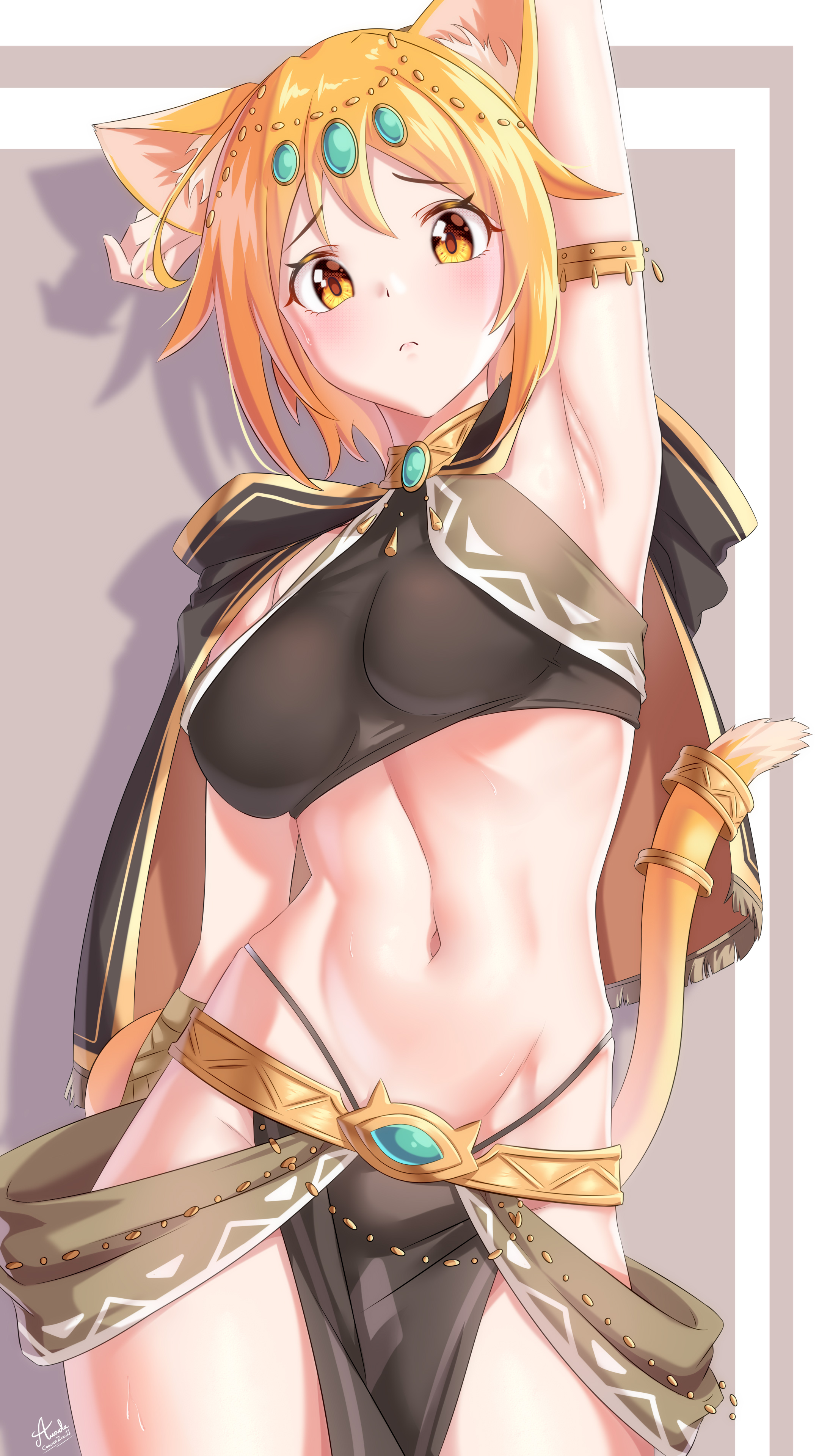 arada (corsair zero), hiyori (princess connect!), princess connect!, gold armlet, absurdres, commentary, highres, 1girl, animal ear fluff, animal ears, arm behind head, arm up, armpits, bandeau, black bandeau, black capelet, blonde hair, blush, breasts, capelet, cat ears, cat girl, cat tail, closed mouth, cowboy shot, drop shadow, groin, hair between eyes, hair flaps, head chain, hiyori (sarasaria) (princess connect!), jewelry, large breasts, looking at viewer, navel, official alternate costume, pelvic curtain, shadow, short hair, sidelocks, signature, solo, standing, stomach, sweat, tail, tail ornament