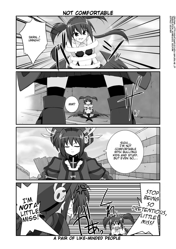 mikage takashi, agito, agito (nanoha), vita (nanoha), lyrical nanoha, mahou shoujo lyrical nanoha, mahou shoujo lyrical nanoha strikers, hard-translated, third-party edit, translated, 00s, 2girls, ahoge, anger vein, bat wings, braid, closed eyes, comic, english text, greyscale, hat, jacket, magical girl, mini person, minigirl, monochrome, multiple girls, open clothes, open jacket, planet, pointy ears, twin braids, wings