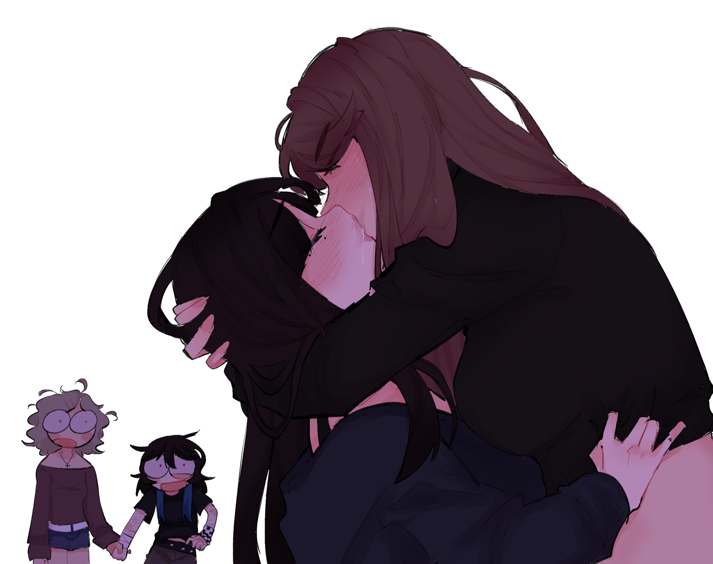 pockiseisont, original, commentary, highres, 4girls, black hair, black shirt, blue shirt, blue shorts, blush, breasts, brown hair, closed eyes, clothes lift, cross, cross necklace, french kiss, grey hair, jewelry, kiss, large breasts, long hair, looking at another, multiple girls, necklace, off-shoulder shirt, off shoulder, open mouth, saliva, self-harm scar, shirt, shirt lift, shorts, simple background, white background, yuri