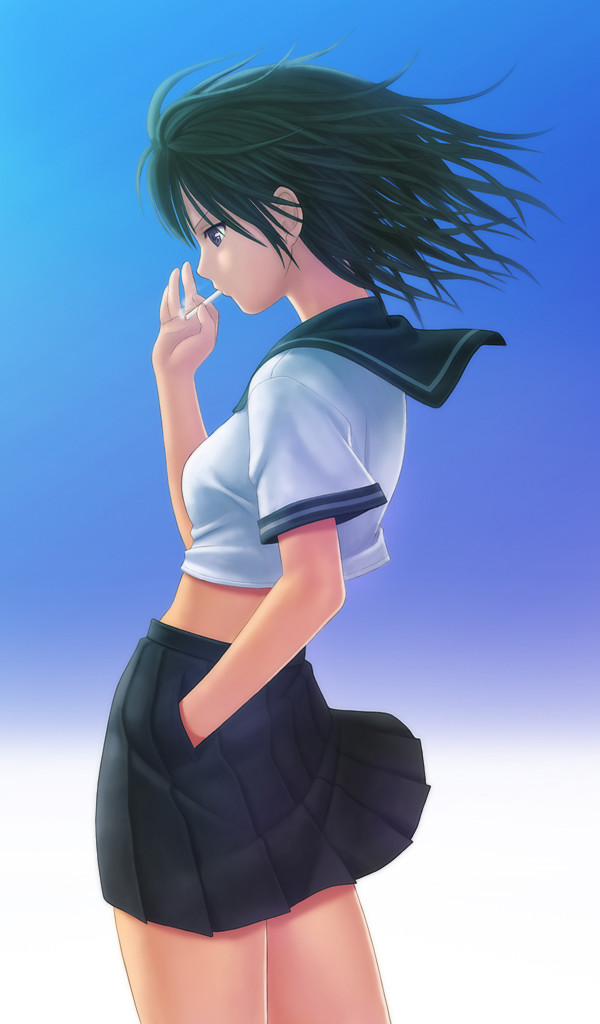 kanzeon, black hair, blue eyes, cigarette, midriff, school uniform, serafuku, short hair, smoking, solo, wind