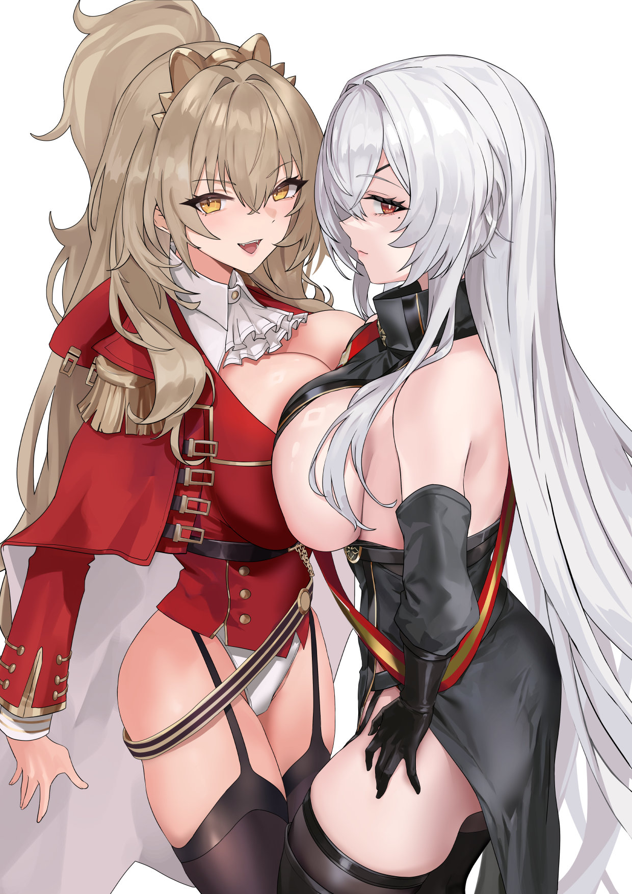 blazingchaos, fritz rumey (azur lane), lion (azur lane), azur lane, highres, 2girls, black dress, black garter straps, black gloves, black thighhighs, breast press, breasts, brown eyes, brown hair, buttons, cleavage, detached sleeves, double-breasted, dress, epaulettes, expressionless, garter straps, gloves, hand on own hip, jacket, leotard, long hair, looking at viewer, mole, mole under eye, multiple girls, ponytail, red jacket, sideboob, sideless dress, sideways glance, single epaulette, smile, symmetrical docking, thighhighs, white background, white hair, white leotard