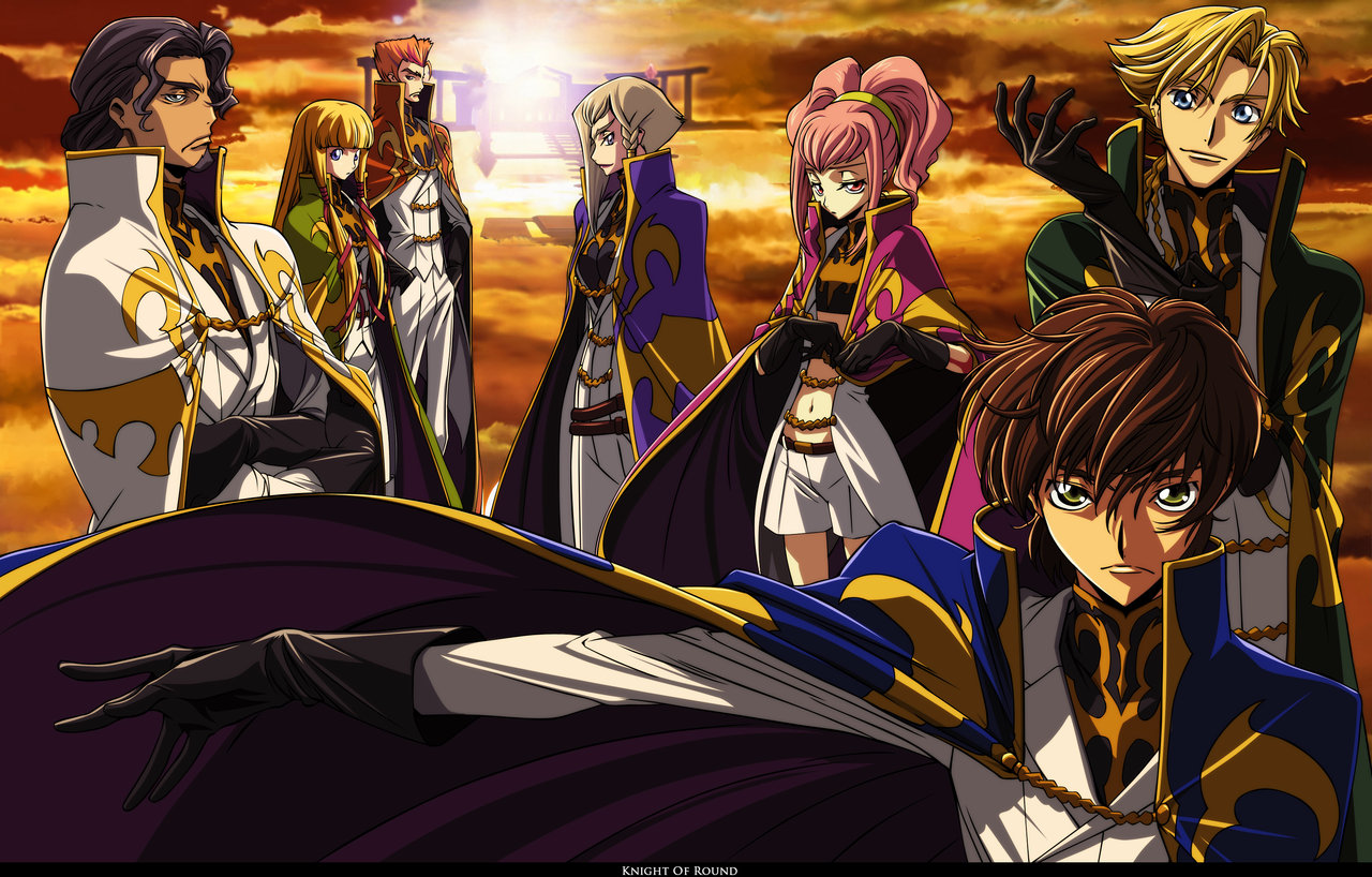 chiba yuriko, anya alstreim, bismarck waldstein, gino weinberg, kururugi suzaku, luciano bradley, monica kruszewski, nonette enneagram, code geass, uniform, 00s, 3girls, 4boys, cape, gloves, multiple boys, multiple girls