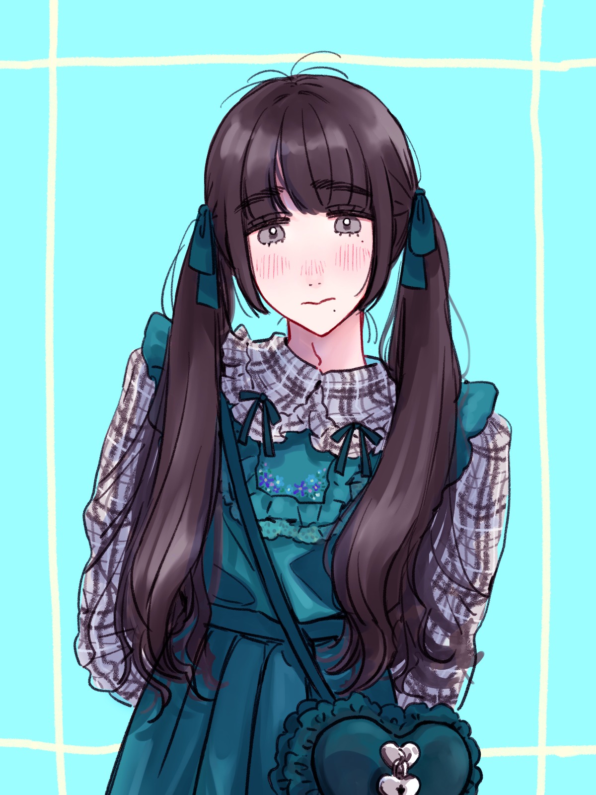 yuki touko, arisa (yuki touko), original, highres, 1boy, aqua dress, arms behind back, bag, black hair, blue background, blunt bangs, blush, collared shirt, crossbody bag, crossdressing, crossdressing (mtf), dress, frilled dress, frilled shirt collar, frills, grey eyes, hair ribbon, male focus, mole, mole under eye, mole under mouth, nose blush, pursed lips, ribbon, shirt, shoulder bag, solo, trap, twintails, upper body