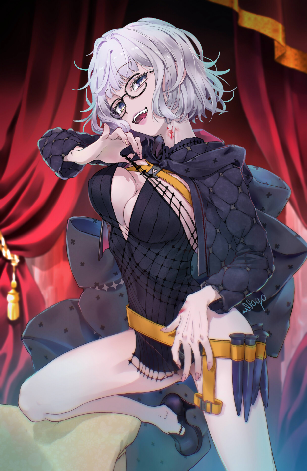 rori chuushin, jacques de molay (foreigner) (fate), jacques de molay (foreigner) (second ascension) (fate), fate/grand order, fate (series), highres, 1girl, belt, black dress, black jacket, blue eyes, breasts, cleavage, cropped jacket, dress, glasses, grey hair, high heels, hood, hooded jacket, jacket, large breasts, long sleeves, looking at viewer, open clothes, open jacket, open mouth, short dress, short hair, smile, solo, stake, thighs