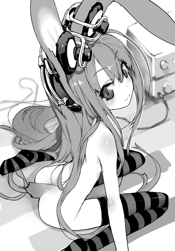 unaji, original, striped, bad id, bad pixiv id, animal ears, greyscale, headphones, long hair, monochrome, nude, rabbit ears, rabbit tail, sitting, solo, tail, thighhighs