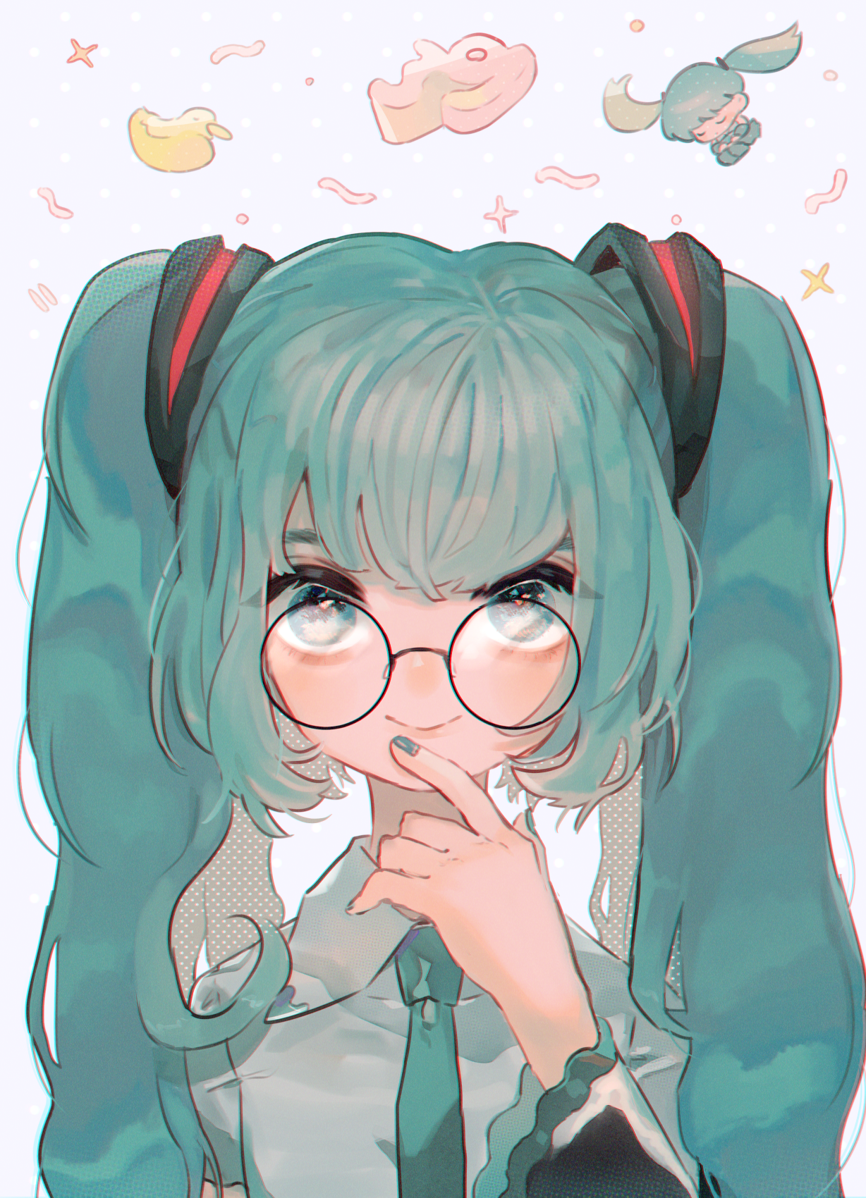 mawarusanso, hatsune miku, vocaloid, commentary request, highres, 1girl, blue eyes, blue necktie, collared shirt, glasses, grey shirt, long hair, long sleeves, looking at viewer, necktie, round eyewear, shirt, smile, solo, twintails