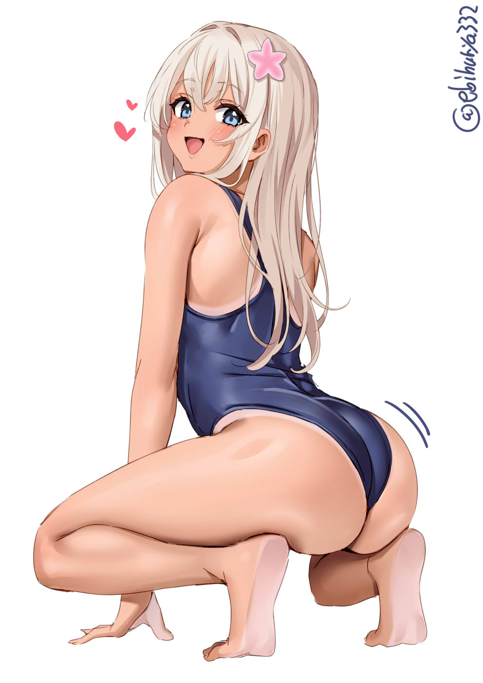 ebifurya, ro-500 (kancolle), kantai collection, commentary request, highres, 1girl, ass, back, bare legs, bare shoulders, barefoot, blonde hair, blue eyes, blush, flower, from behind, hair flower, hair ornament, long hair, looking at viewer, looking back, one-piece swimsuit, one-piece tan, open mouth, school swimsuit, smile, solo, swimsuit, tan, tanline, white background