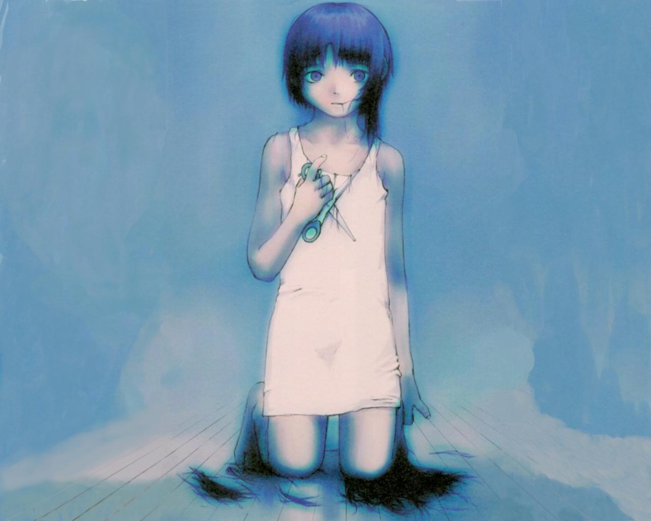 abe yoshitoshi, iwakura lain, serial experiments lain, official art, official wallpaper, 1990s (style), 1girl, bare shoulders, chemise, cutting hair, dress, female focus, kneeling, retro artstyle, scissors, short hair, solo