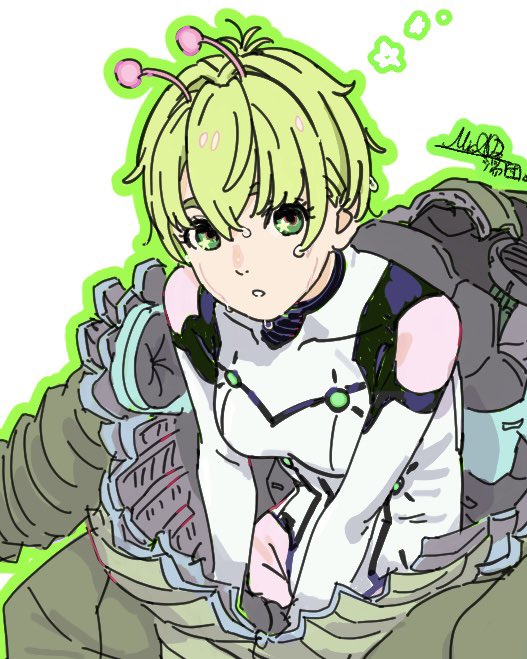 micaoz, vamola (dandadan), dandadan, commentary request, 1girl, alien, antennae, blonde hair, bodysuit, breasts, green eyes, hair between eyes, kaiju, long sleeves, looking at viewer, medium breasts, parted lips, short hair, sitting, solo, spacesuit, star (symbol), star in eye, sweat, symbol in eye, upper body, wet, wet hair, white bodysuit