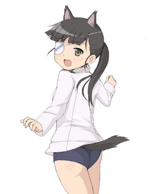 nnyu, sakamoto mio, strike witches, world witches series, bad id, bad pixiv id, 00s, 1girl, aged down, animal ears, eyepatch, female focus, smile, solo, tail