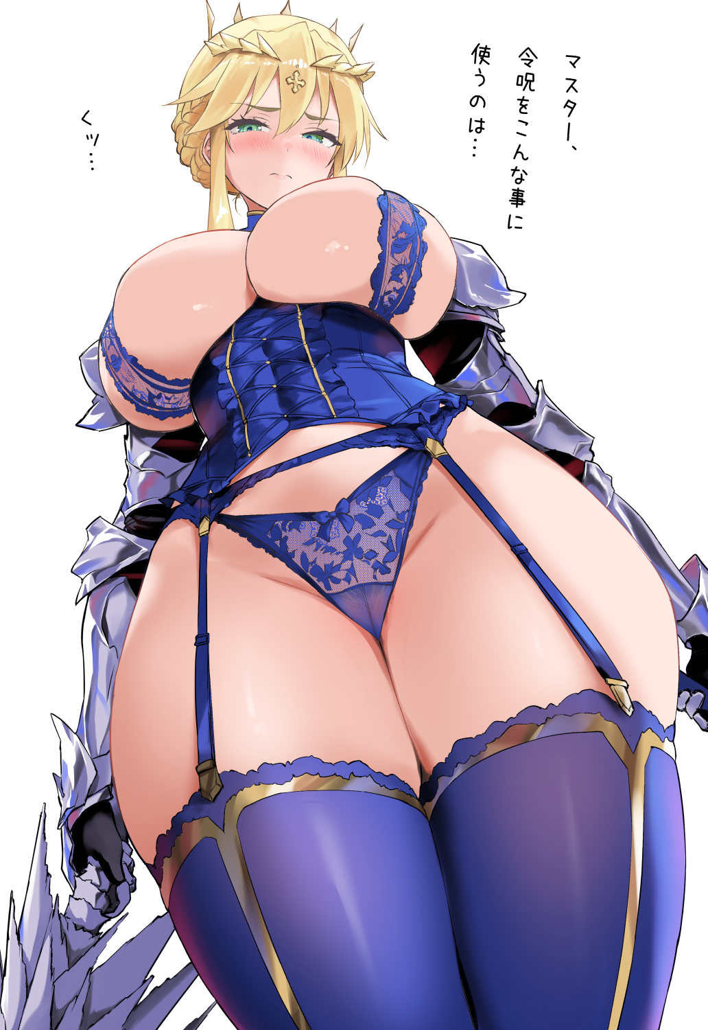 anesaki, artoria pendragon (fate), artoria pendragon (lancer) (fate), fate/grand order, fate (series), commentary request, highres, translation request, 1girl, ahoge, armor, black gloves, blonde hair, blue corset, blue panties, blue thighhighs, blush, braid, breasts, cameltoe, cleavage, corset, crown, garter belt, gauntlets, gloves, green eyes, hair between eyes, lance, large breasts, long hair, looking at viewer, panties, pauldrons, polearm, rhongomyniad (fate), shoulder armor, sidelocks, solo, thighhighs, thighs, underwear, weapon