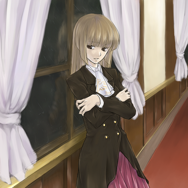 shuu (acasf), ushiromiya rosa, umineko no naku koro ni, bad id, bad pixiv id, 00s, blonde hair, brown eyes, hime cut, solo, window