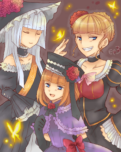 mini mamu, beatrice (umineko), eva beatrice, virgilia (umineko), umineko no naku koro ni, bad id, bad pixiv id, lowres, 00s, 3girls, bow, bug, butterfly, female focus, hime cut, insect, multiple girls, pink bow