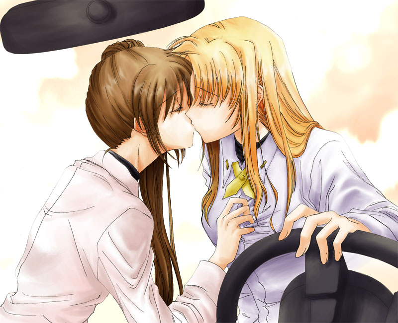 lina (interlude), fate testarossa, takamachi nanoha, lyrical nanoha, mahou shoujo lyrical nanoha, mahou shoujo lyrical nanoha strikers, uniform, 00s, 2girls, blonde hair, brown hair, car, car interior, closed eyes, couple, grabbing another's breast, groping, kiss, left-hand drive, long hair, motor vehicle, multiple girls, yuri