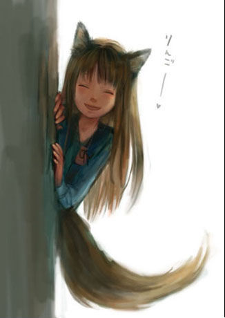 holo, spice and wolf, lowres, non-web source, translated, 00s, animal ears, closed eyes, peeking out, smile, solo, tail, wolf ears, wolf tail