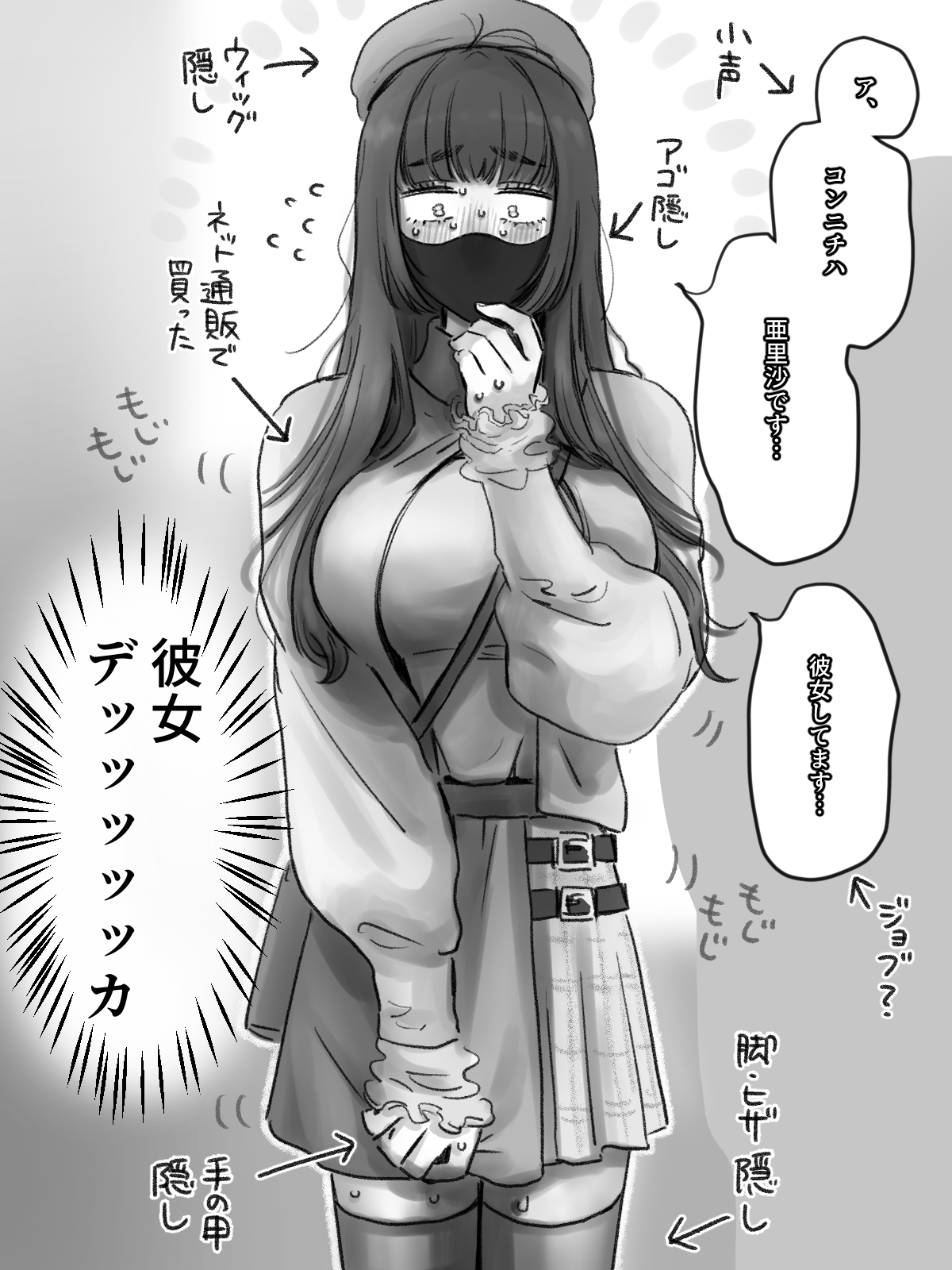 yuki touko, arisa (yuki touko), original, commentary request, highres, translation request, 1boy, arrow (symbol), belt, beret, blunt bangs, breast padding, breasts, crossdressing, crossdressing (mtf), frilled sleeves, frills, greyscale, gripping clothes, hat, high collar, hime cut, large breasts, long hair, long sleeves, looking down, male focus, mask, mole, mole under eye, monochrome, mouth mask, nervous, nervous sweating, pointing out the details, puffy long sleeves, puffy sleeves, skirt, solo, speech bubble, sweat, thighhighs, trap