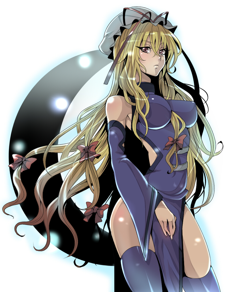akishima kei, yakumo yukari, touhou, bad id, bad pixiv id, 1girl, bare shoulders, blonde hair, bow, breasts, female focus, hair bow, hair ribbon, hat, impossible clothes, impossible shirt, long hair, multiple hair bows, pink eyes, ribbon, shirt, solo, thighhighs
