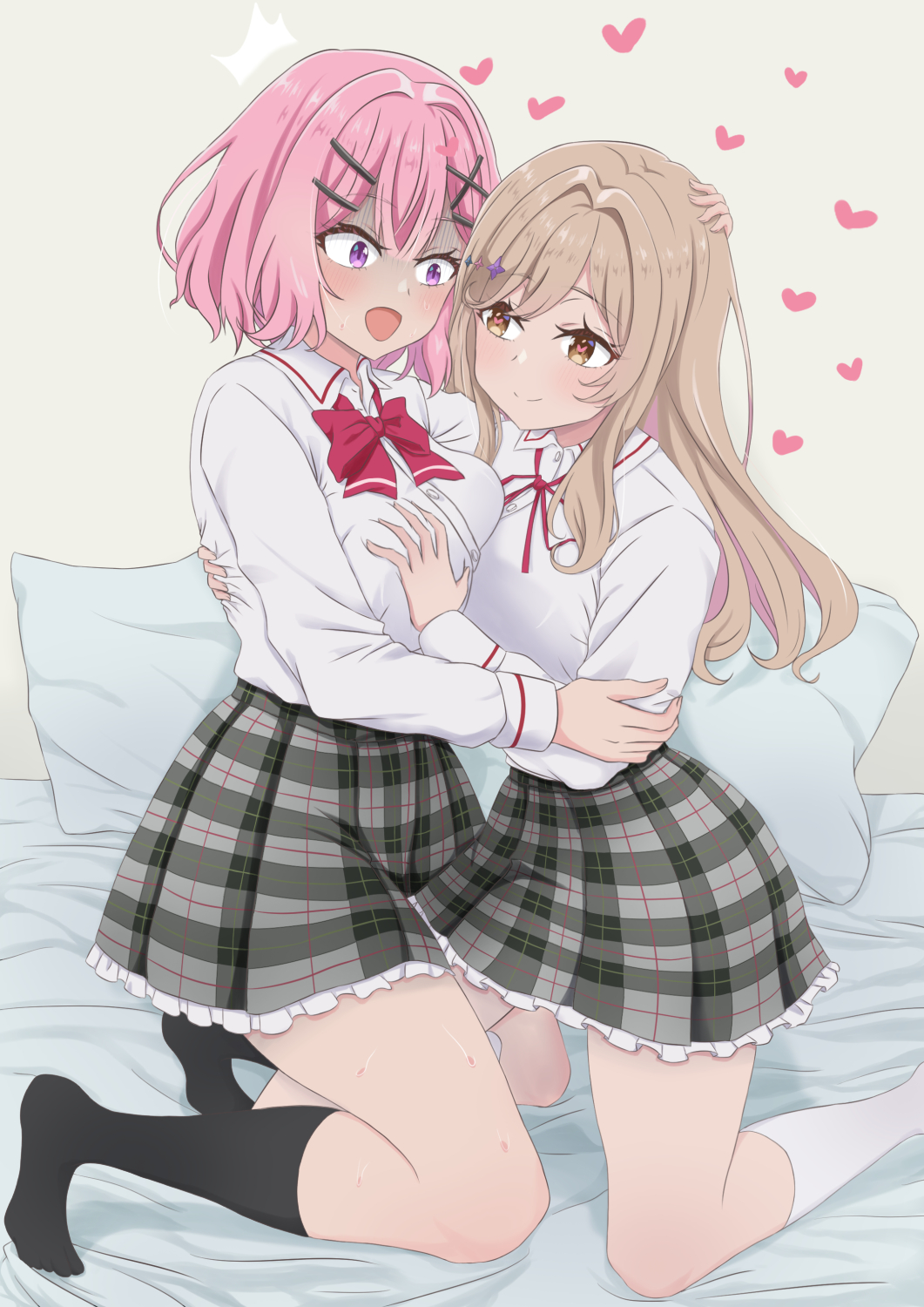 amaori renako, sena ajisai, watashi ga koibito ni nareru wake naijan murimuri!, chinese commentary, commentary request, highres, mixed-language commentary, 2girls, black socks, bow, bowtie, brown hair, closed mouth, collared shirt, grabbing another's breast, grey skirt, groping, heart, heart-shaped pupils, kuroi mashiro (tyyt595), long sleeves, medium hair, multiple girls, on bed, pillow, pink hair, plaid clothes, plaid skirt, pleated skirt, purple eyes, red bow, red bowtie, school uniform, shaded face, shirt, simple background, skirt, smile, socks, sweat, symbol-shaped pupils, white shirt, white socks, yellow background, yuri