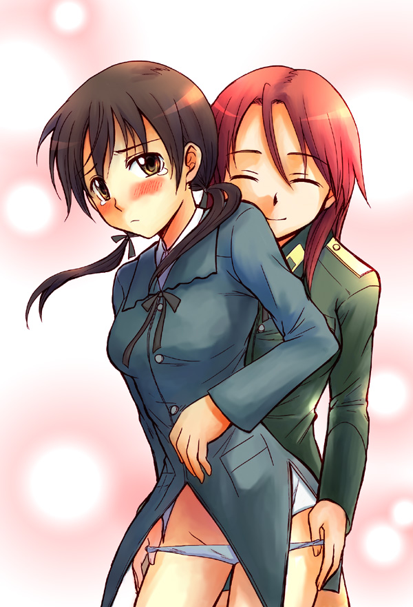 niina ryou, gertrud barkhorn, minna-dietlinde wilcke, strike witches, world witches series, uniform, bad id, bad pixiv id, 00s, 2girls, blush, multiple girls, panties, panty pull, smile, tears, underwear, yuri