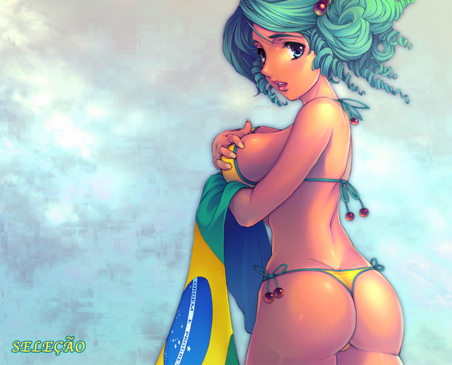 yoko juusuke, 2006 fifa world cup, original, world cup, breast hold, bad id, bad pixiv id, 1girl, ass, back, bikini, blue eyes, brazil, brazilian flag, brazilian flag bikini, breasts, curvy, dark-skinned female, dark skin, drill hair, female focus, flag, flag print, flag print bikini, from behind, green hair, hair bobbles, hair ornament, large breasts, looking back, portuguese text, print bikini, short hair, side-tie bikini bottom, solo, swimsuit, thong bikini, yellow bikini