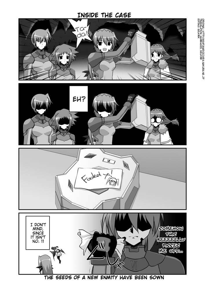 mikage takashi, agito, agito (nanoha), dieci (nanoha), lutecia, lutecia alpine, numbers (nanoha), quattro (nanoha), sein (nanoha), teana lanster, tre (nanoha), lyrical nanoha, mahou shoujo lyrical nanoha, mahou shoujo lyrical nanoha strikers, eyebrows, hard-translated, third-party edit, translated, 00s, 6+girls, akanbe, bat wings, bodysuit, comic, english text, eyelid pull, facial mark, glasses, gloves, greyscale, magical girl, mini person, minigirl, monochrome, multiple girls, shaded face, text focus, tongue, tongue out, twintails, wings