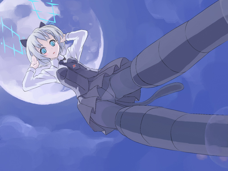 reki (tiny fin), sanya v. litvyak, strike witches, world witches series, 00s, 1girl, black necktie, black pantyhose, crotch seam, female focus, hirschgeweih antennas, moon, necktie, panties, panties under pantyhose, pantyhose, pantyshot, solo, underwear, upskirt