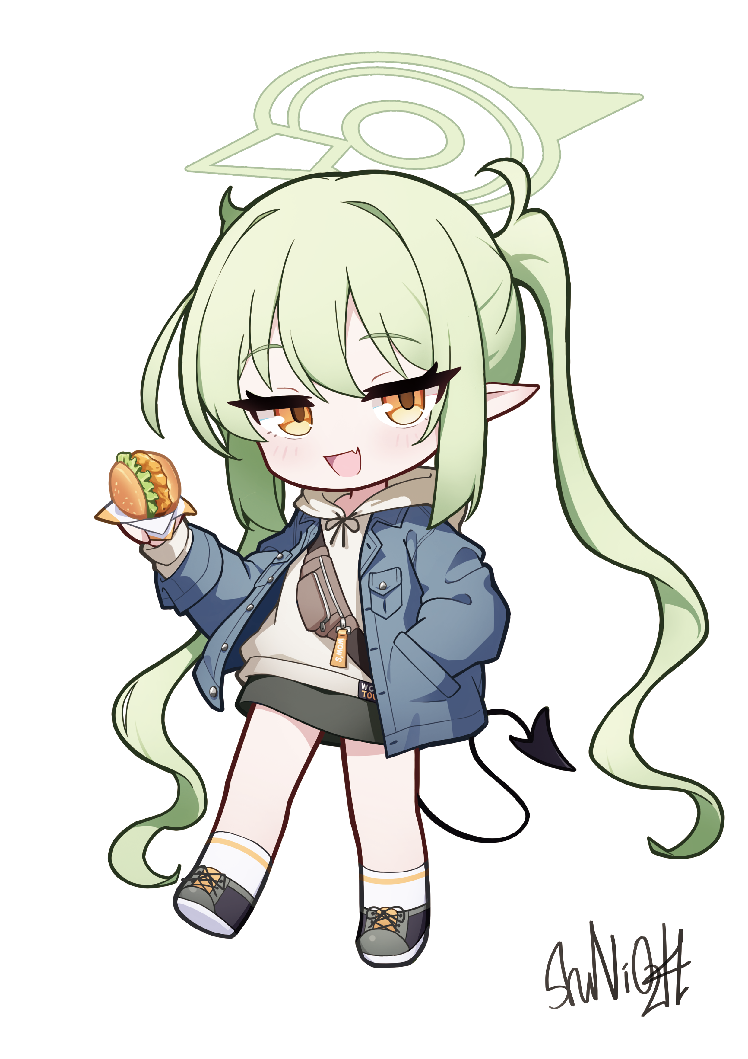 shuni valentine, nozomi (blue archive), blue archive, absurdres, highres, 1girl, :d, black skirt, blue jacket, burger, chibi, demon tail, denim, denim jacket, fang, fanny pack, food, full body, green hair, grey hoodie, grey shoes, halo, hand in pocket, holding, holding food, hood, hood down, hoodie, jacket, long hair, long sleeves, open clothes, open jacket, open mouth, orange eyes, puffy long sleeves, puffy sleeves, shoes, signature, simple background, skirt, smile, socks, solo, standing, standing on one leg, tail, twintails, very long hair, white background, white socks