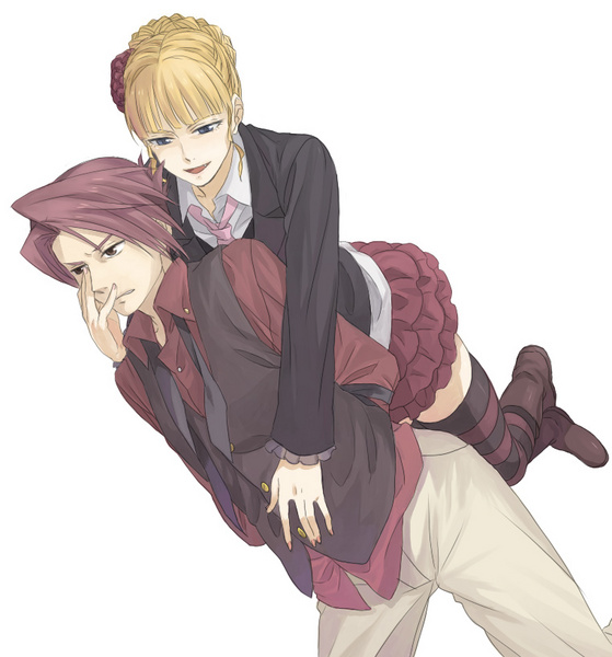 beatrice (umineko), ushiromiya battler, umineko no naku koro ni, 00s, 1boy, 1girl, blonde hair, carrying, necktie, piggyback, pink necktie, red hair, striped clothes, striped thighhighs, thighhighs
