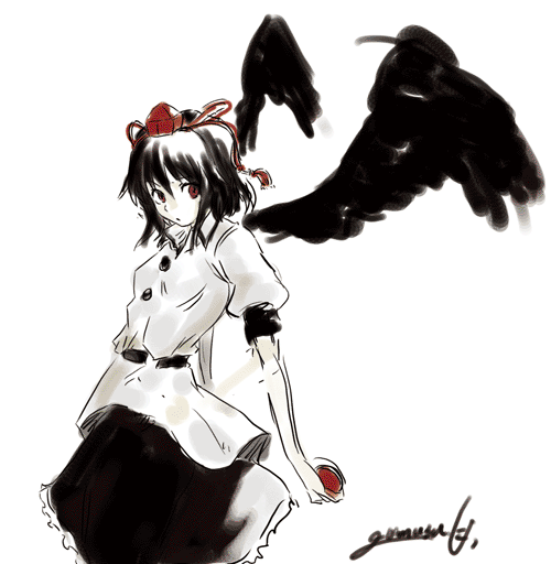hiromasa, shameimaru aya, touhou, 1girl, :o, black hair, buttons, cowboy shot, expressionless, female focus, hat, holding, looking at viewer, monochrome, parted lips, puffy short sleeves, puffy sleeves, red eyes, red hat, short hair, short sleeves, signature, simple background, sketch, skirt, solo, spot color, tokin hat, white background, wings