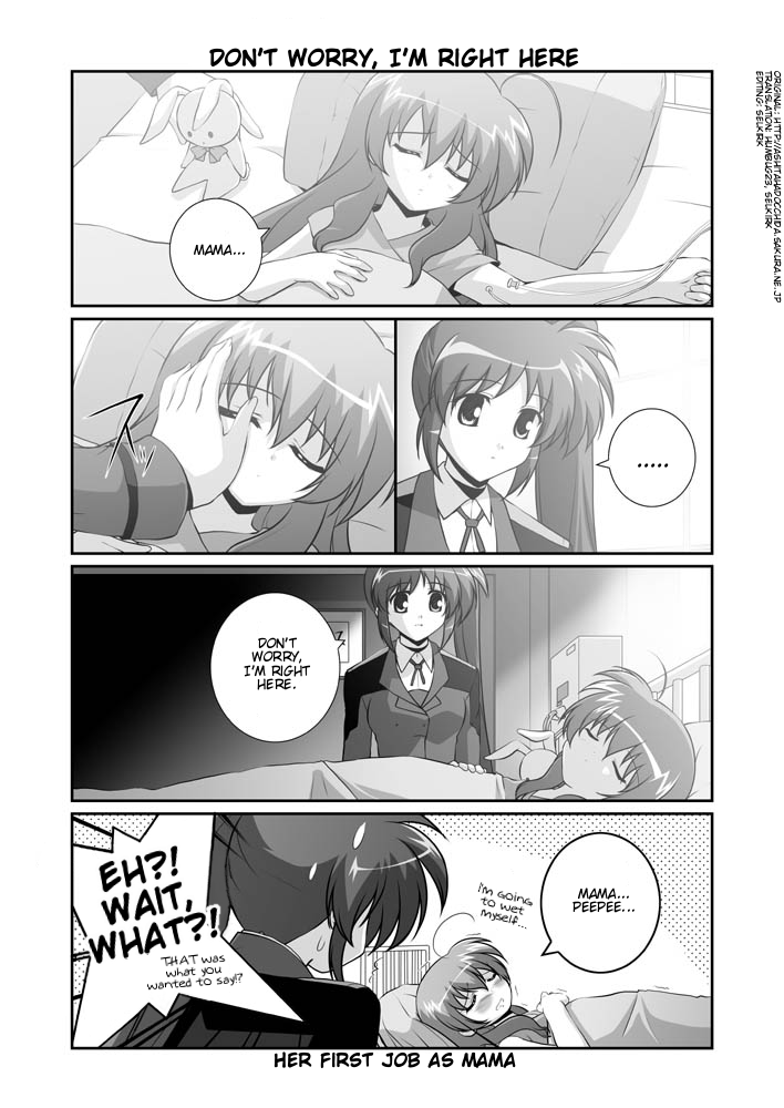 mikage takashi, takamachi nanoha, vivio, lyrical nanoha, mahou shoujo lyrical nanoha, mahou shoujo lyrical nanoha strikers, hard-translated, third-party edit, translated, 00s, 2girls, ahoge, closed eyes, comic, english text, greyscale, hand on another's face, have to pee, intravenous drip, military, military uniform, monochrome, multiple girls, side ponytail, sleeping, stuffed animal, stuffed rabbit, stuffed toy