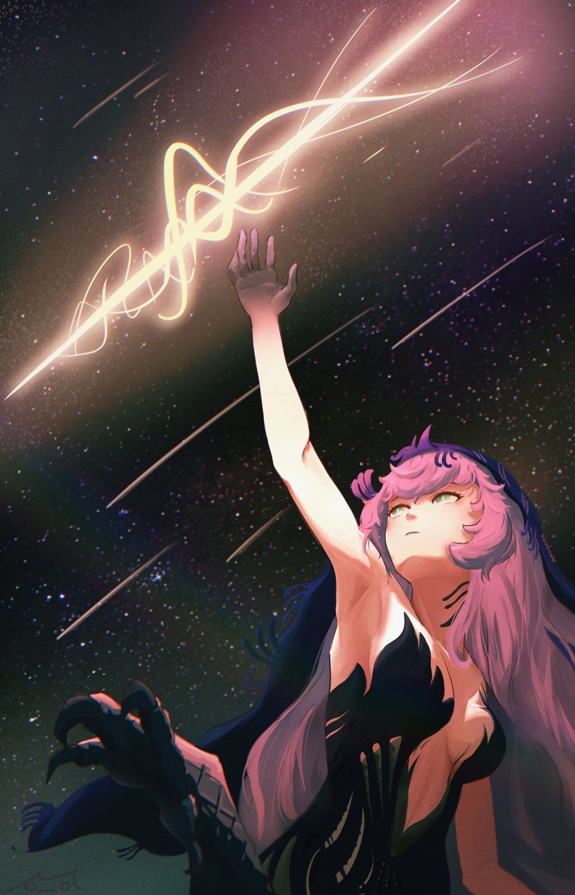 mugo, nautika (reverse:1999), reverse:1999, commentary, highres, 1girl, aqua eyes, arm up, armpits, bare shoulders, black dress, black hands, black veil, blue veil, breasts, centauroid, chimera, claws, cleavage, colored extremities, dress, gradient skin, hair between eyes, long hair, looking up, medium breasts, monster girl, night, parted lips, pink hair, plunging neckline, sidelocks, sky, solo, star (sky), starry sky, strapless, strapless dress, taur, two-tone veil, upper body, veil, very long hair