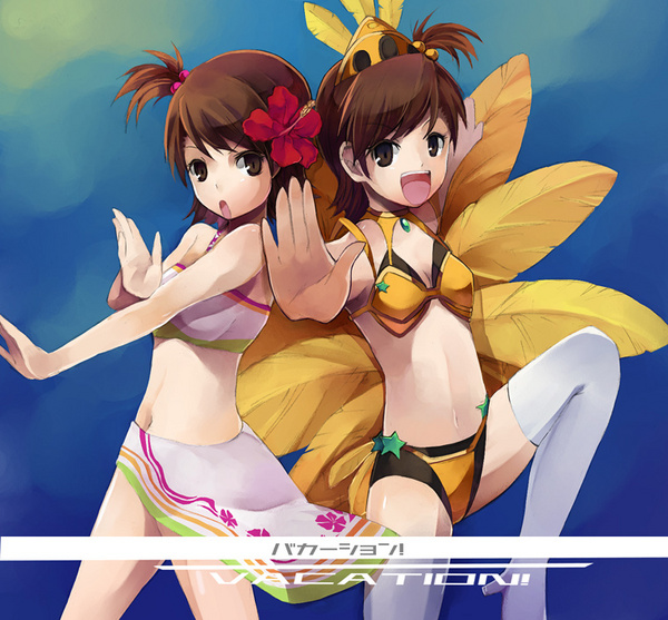 pos (shiratama-ya), futami ami, futami mami, idolmaster, idolmaster (classic), idolmaster 1, 00s, 2girls, flower, hibiscus, multiple girls, otome samba, samba, siblings, sisters, thighhighs, twins