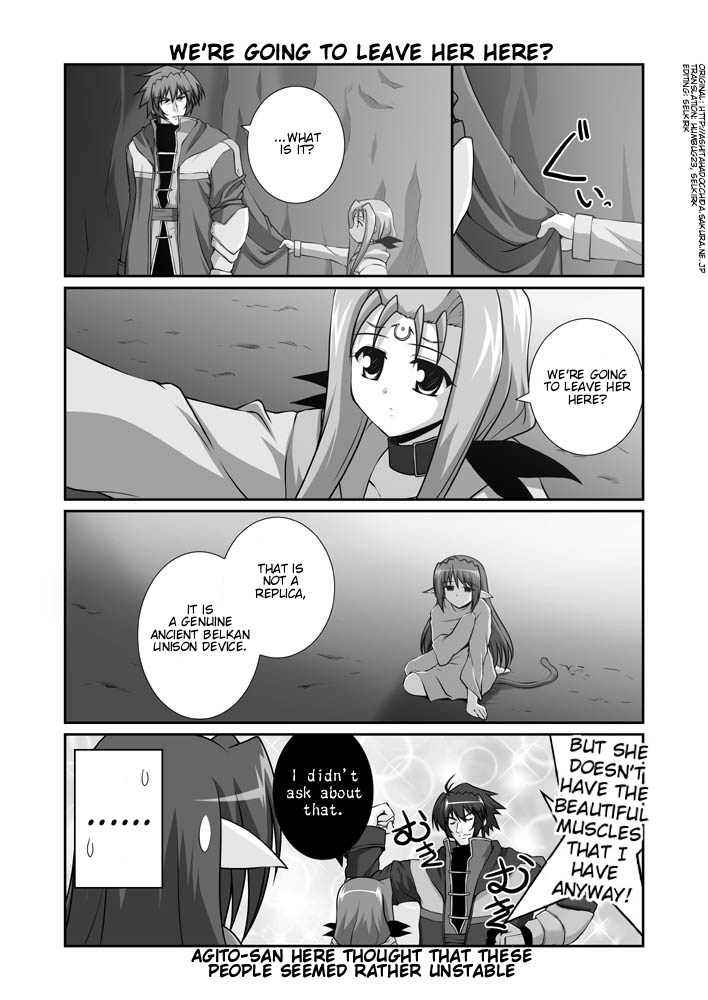mikage takashi, agito, agito (nanoha), lutecia, lutecia alpine, zest, zest grangeitz, lyrical nanoha, mahou shoujo lyrical nanoha, mahou shoujo lyrical nanoha strikers, hard-translated, third-party edit, translated, 00s, 1boy, 2girls, choker, closed eyes, comic, english text, facial mark, forehead mark, greyscale, magical girl, mini person, minigirl, monochrome, multiple girls, pointy ears, sweatdrop