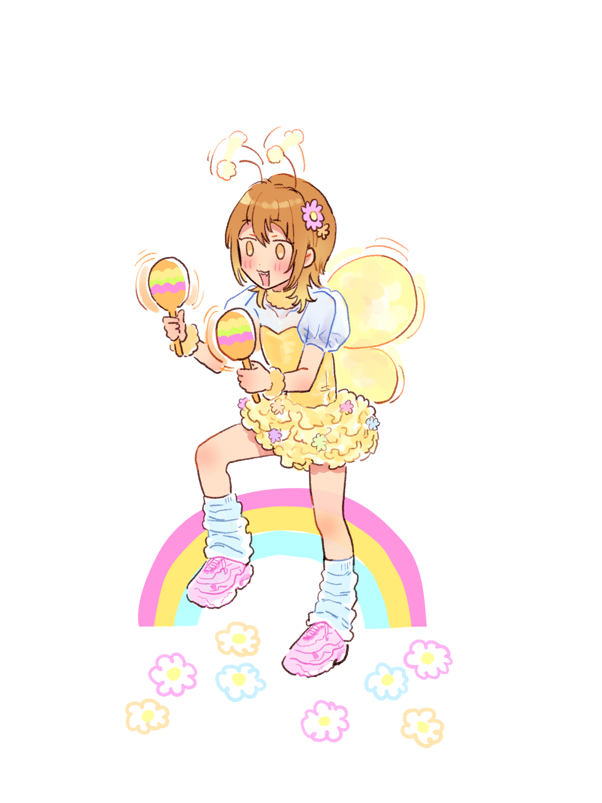 yuki touko, tomo (yuki touko), original, highres, 1boy, asymmetrical bangs, blush, brown hair, butterfly wings, crossdressing, crossdressing (mtf), dress, fake antennae, fake wings, fangs, flower, fur collar, gradient hair, hair flower, hair ornament, happy, holding, holding instrument, holding maracas, insect wings, instrument, leg up, looking ahead, loose socks, male focus, maracas, medium hair, multicolored hair, open mouth, pom pom (clothes), puffy short sleeves, puffy sleeves, rainbow, see-through clothes, see-through sleeves, shoes, short sleeves, sneakers, socks, solo, standing, standing on one leg, trap, wings, wolf cut, yellow dress, yellow eyes