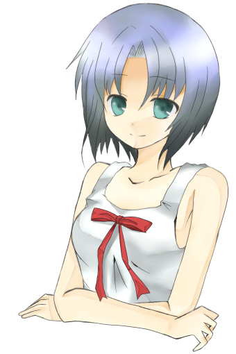 chie rumiko, higurashi no naku koro ni, 00s, 1girl, aqua eyes, bare shoulders, blue eyes, blue hair, collarbone, crossed arms, dress, female focus, looking at viewer, matching hair/eyes, short hair, simple background, smile, solo, sundress, white background, white dress