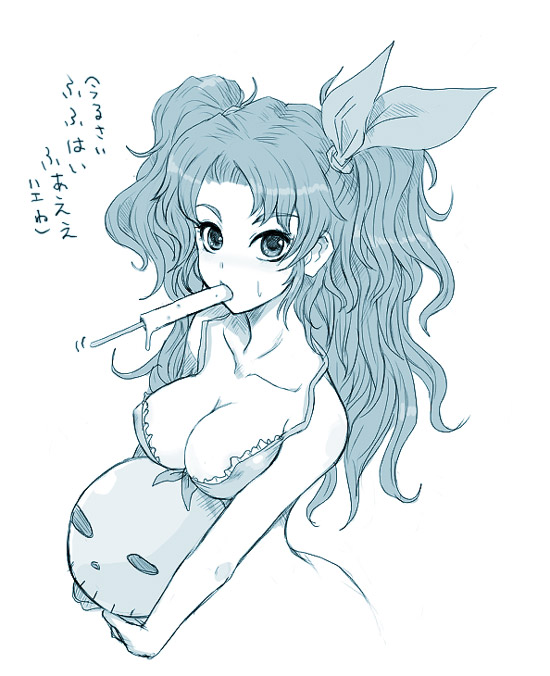 kara (color), rocbouquet, rocbouquet (saga), original, romancing saga, romancing saga 2, saga, 1girl, bikini, bikini top only, breasts, cleavage, female focus, food, large breasts, monochrome, popsicle, solo, swimsuit