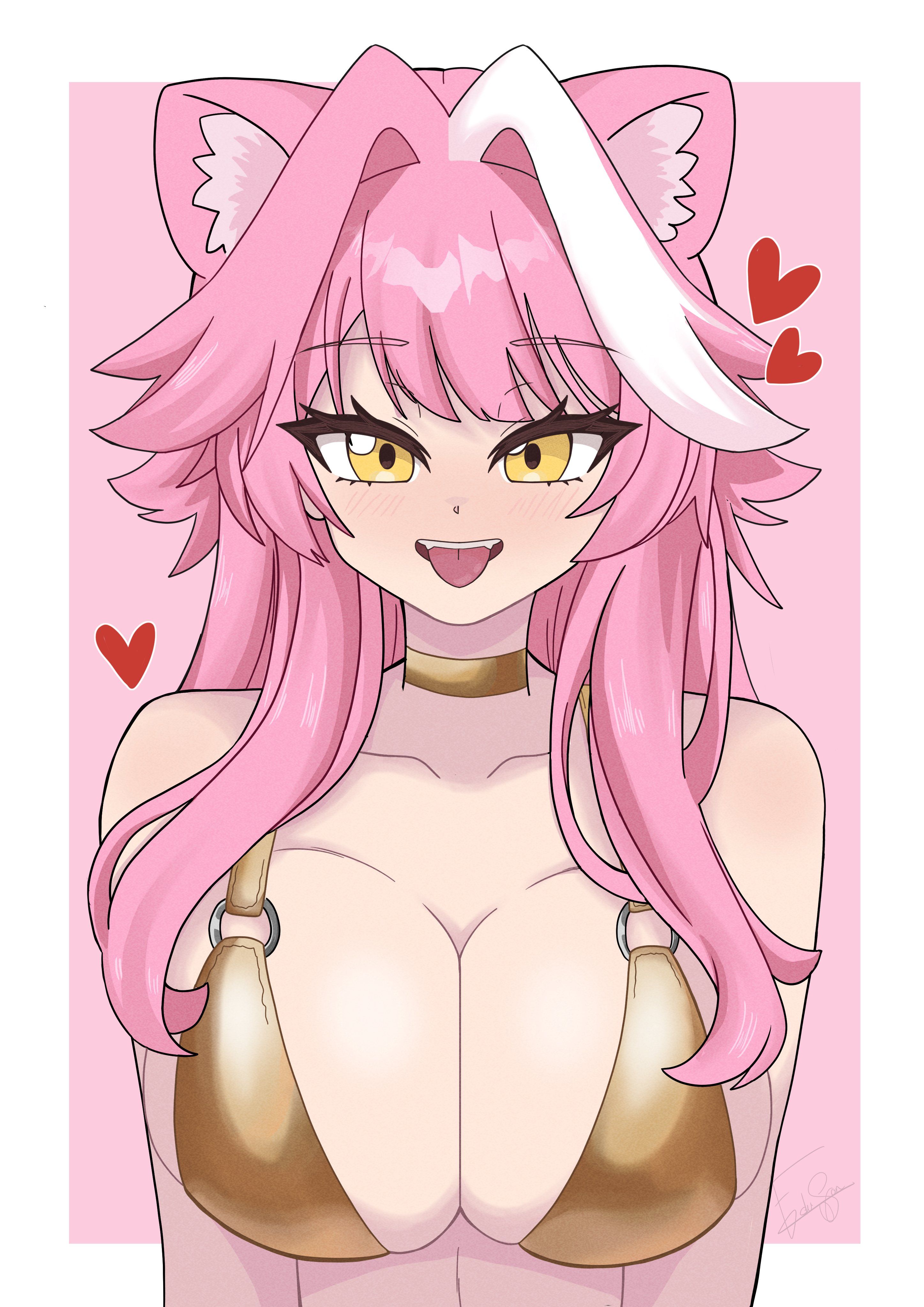 eduson02, raora panthera, hololive, hololive english, absurdres, highres, animal ear fluff, animal ears, bikini, blush, breasts, cleavage, fangs, gold bikini, heart, large breasts, long hair, looking at viewer, pink background, pink hair, signature, swimsuit, tongue, tongue out, upper body, white hair, yellow eyes
