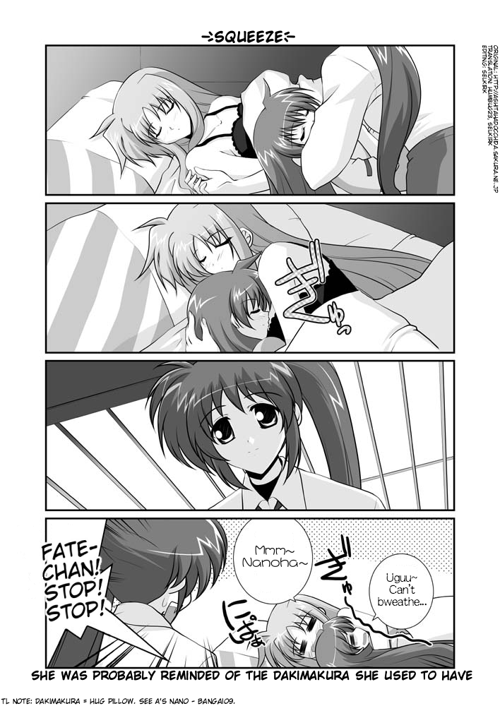 mikage takashi, fate testarossa, takamachi nanoha, vivio, lyrical nanoha, mahou shoujo lyrical nanoha, mahou shoujo lyrical nanoha strikers, hard-translated, third-party edit, translated, 00s, 3girls, = =, closed eyes, comic, english text, greyscale, military, military uniform, monochrome, multiple girls, pajamas, side ponytail, sleeping, strangling, uguu~