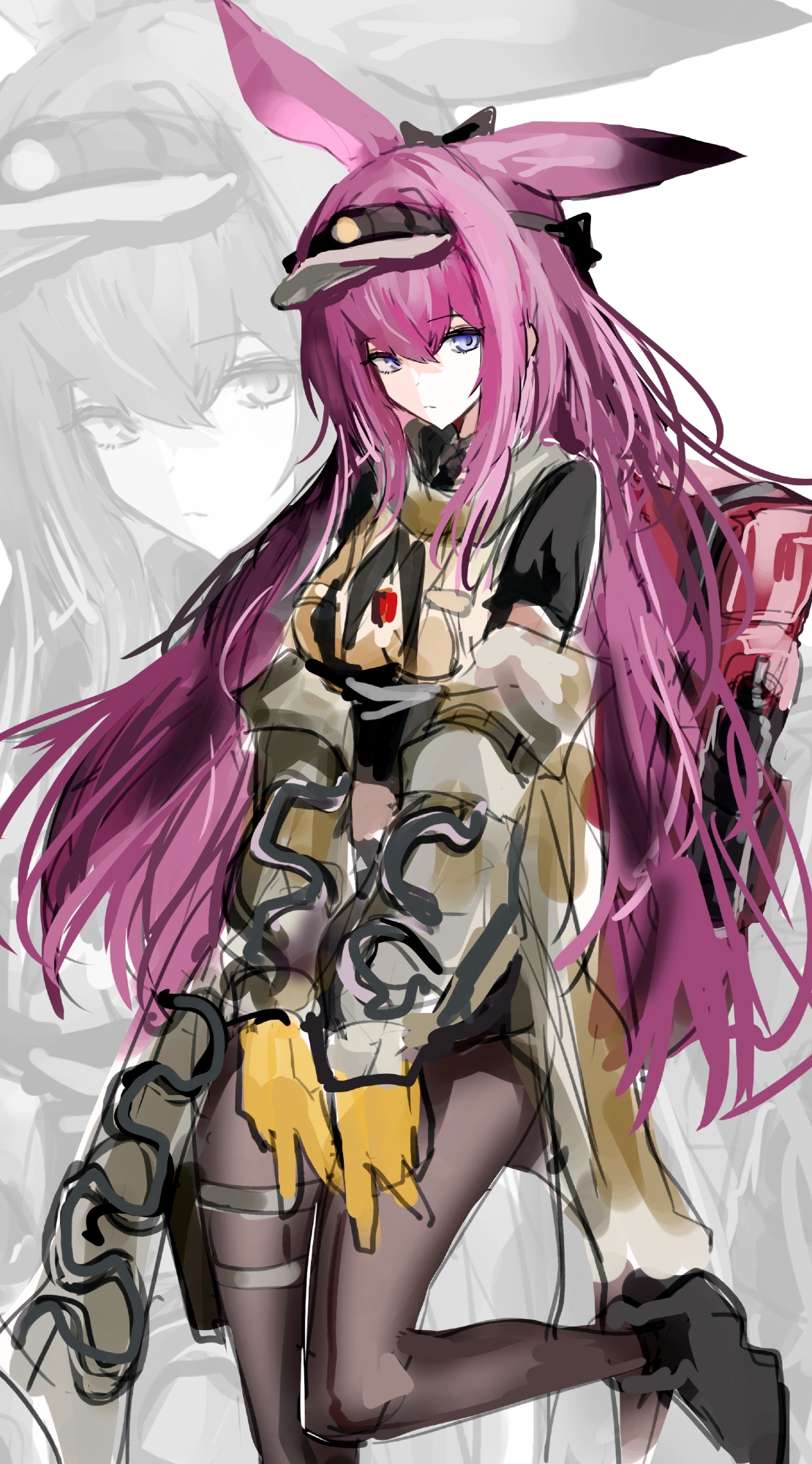 han ma53, ray (arknights), arknights, highres, 1girl, animal ears, black pantyhose, boots, gloves, long hair, looking at viewer, pantyhose, purple eyes, rabbit ears, red hair, solo, thighs, yellow gloves