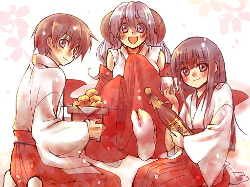 furude rika, hanyuu, maebara keiichi, higurashi no naku koro ni, 00s, 1boy, 2girls, alcohol, food, hakama, hakama skirt, horns, japanese clothes, miko, multiple girls, red hakama, skirt, wine