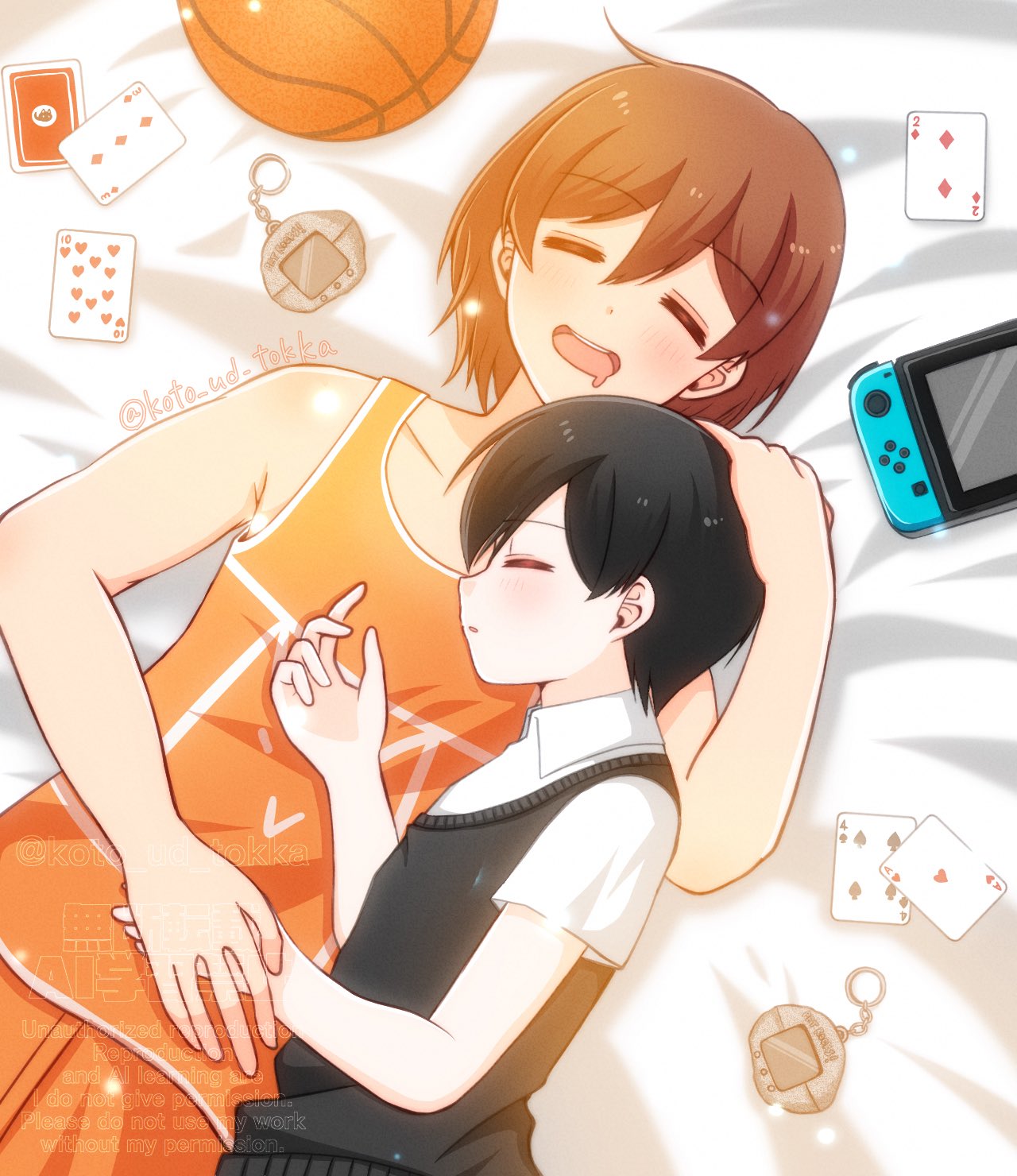 hisaho, kel (faraway) (omori), kel (omori), sunny (omori), nintendo, omori, highres, revision, 2boys, ball, basketball (object), black sweater vest, brown hair, card, closed eyes, collarbone, collared shirt, drooling, hand on another's head, male focus, mouth drool, multiple boys, nintendo switch, open mouth, orange shorts, playing card, shirt, short sleeves, shorts, sleeping, sweater vest, teeth, upper teeth only, white shirt, yaoi